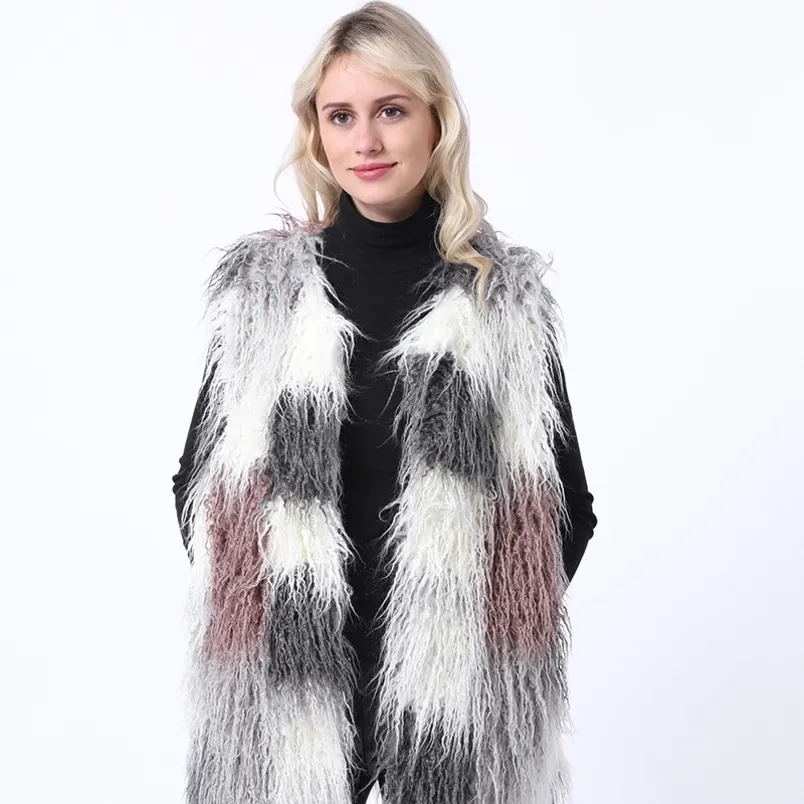 Höst och vinter Special Fur Imitation Vest Kvinnors kappa Medium Lång Konstgjord ull Spliving 211207