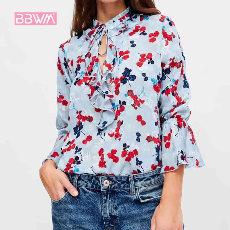 Camicia da donna monopetto a maniche lunghe con stampa floreale a maniche lunghe con collo a foglia di loto stile vacanza autunnale retrò selvaggia 210507