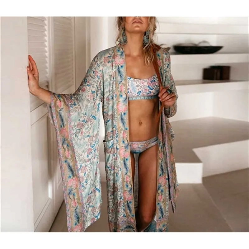 Boho Spring Summer Floral Loose Casual Kimono Sleeve Beach Top Open Front Maxi Tie Belt Chemise Blouse Femme Bikini Cover 210722