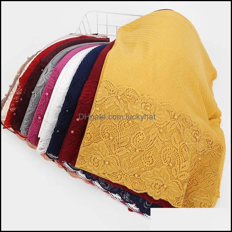 2020 New Red Yellow Black White Crinkle Pleated Lace Floral Hijab Scarf Shawl Women Pearl Crinkle Muslim Head Hair Scarves Wraps1