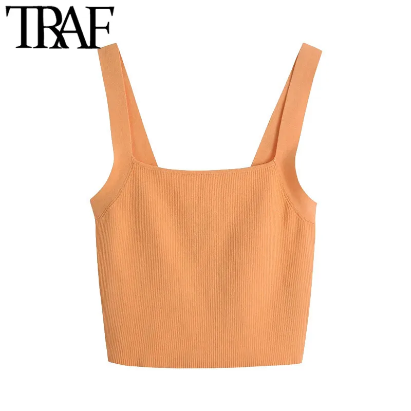 Traf kvinnor mode med breda remmar beskuren stickade tank tops vintage fyrkantiga krage rygglösa kvinnliga camis mujer 210415