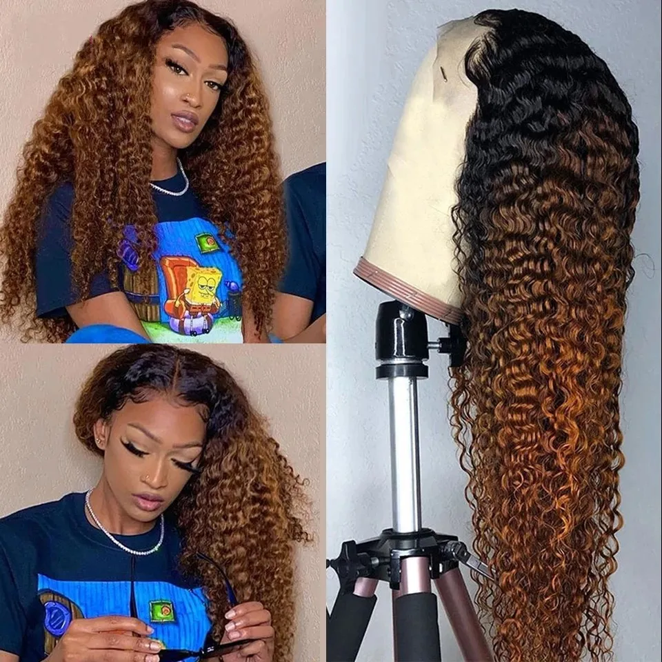 Perruque Lace Front Wig synthétique bouclée et longue, brune ombrée, sans colle, cheveux naturels résistants à la chaleur, densité 180, pour femmes noires