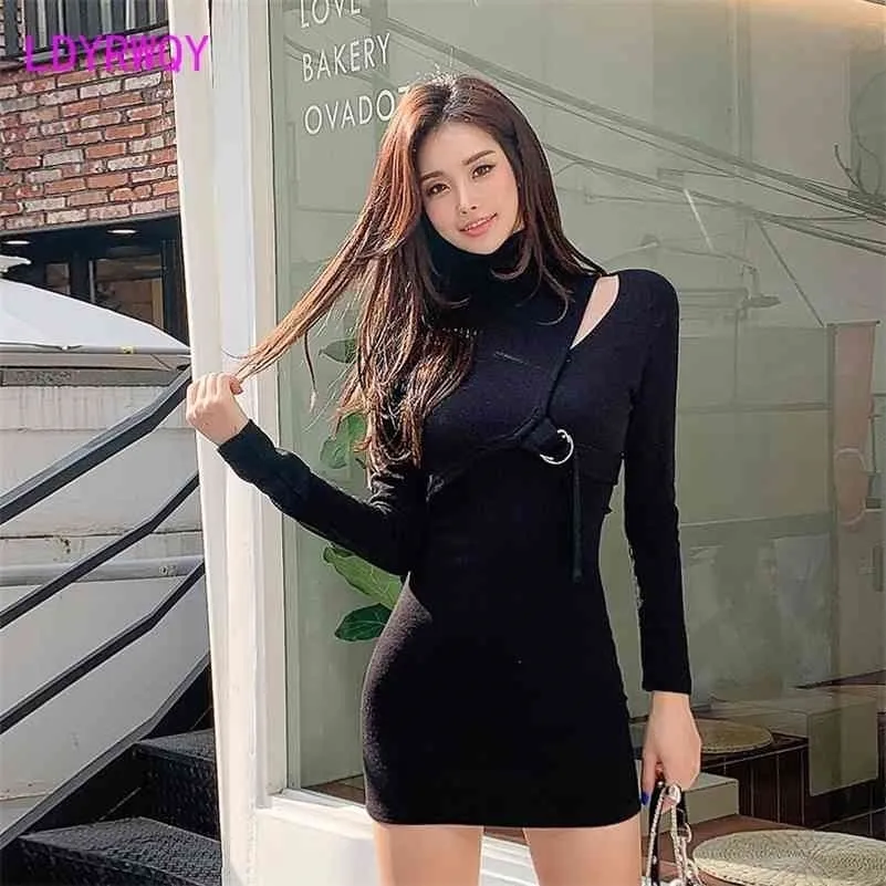 Dress autumn/winter model famous high-necked temperament women's fashion bag hip knitting Sheath 210416