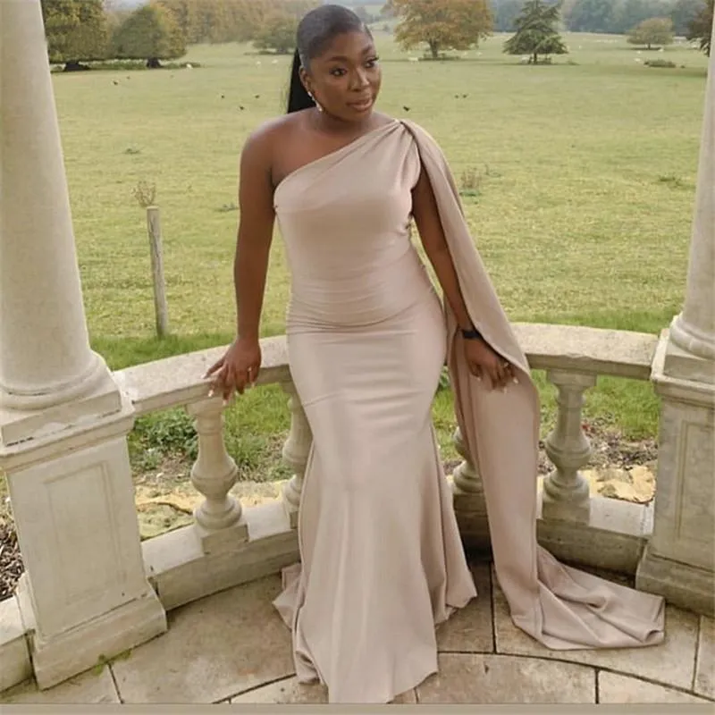 Champagne Nude Mermaid Bridesmaid Dress with Cape One Shoulder Plus Size Sweep Train Zipper Back from Dhgate Bridesmaid Dress - price 88.81 Champagne Nude Mermaid Bridesmaid Dress with Cape One Shoulder Plus Size Sweep Train Zipper Back from Dhgate Bridesmaid Dress - price 88.81