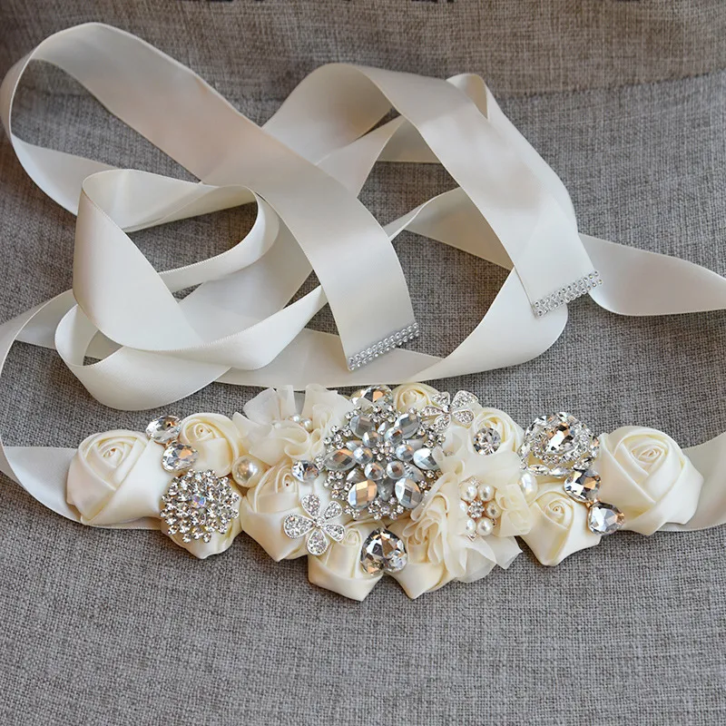 Wedding Sashes Fashion Flowers Bridal Crystal Rhinestone Grey Burgundy Beige Belt lacing Style On Lace Dresses
