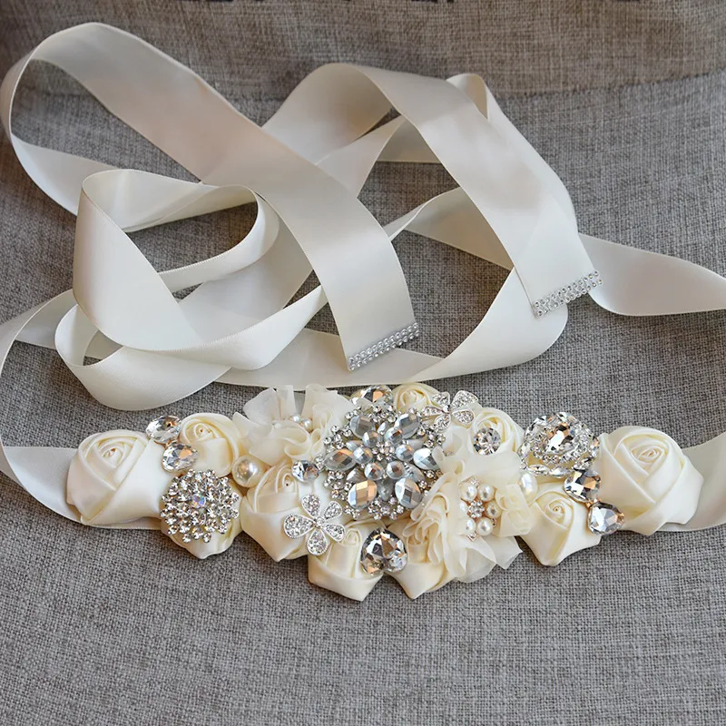 Chic Bridal Sash with Crystal Rhinestones - Grey, Burgundy, and Beige Lace Belt for Wedding Dress Accessories