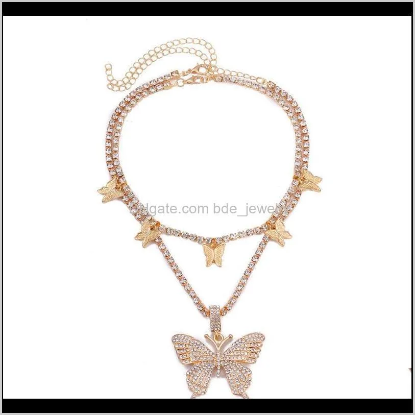 2pcs women statment big butterfly pendant necklace rhinestone chain for bling crystal choker jewelry chokers