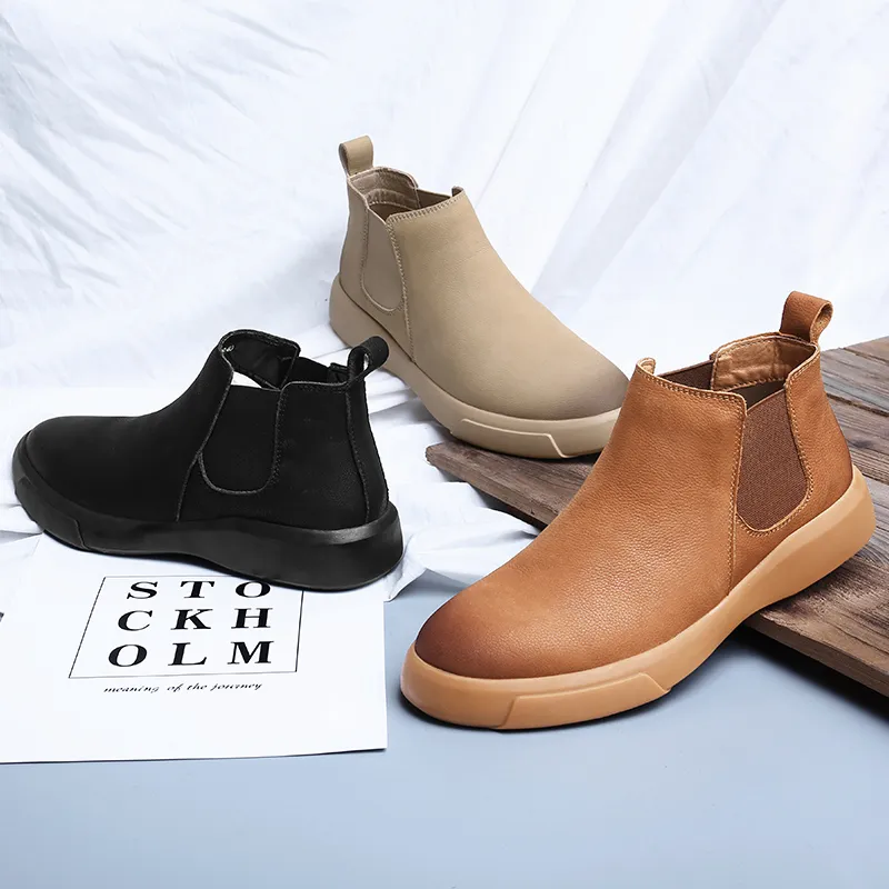 Mannen Mode Koeienhuid Casual Laarzen Mannelijke Lederen Mid-High Slip-on Tooling Enkellaars Herfst zonder pluche Winter met pluche