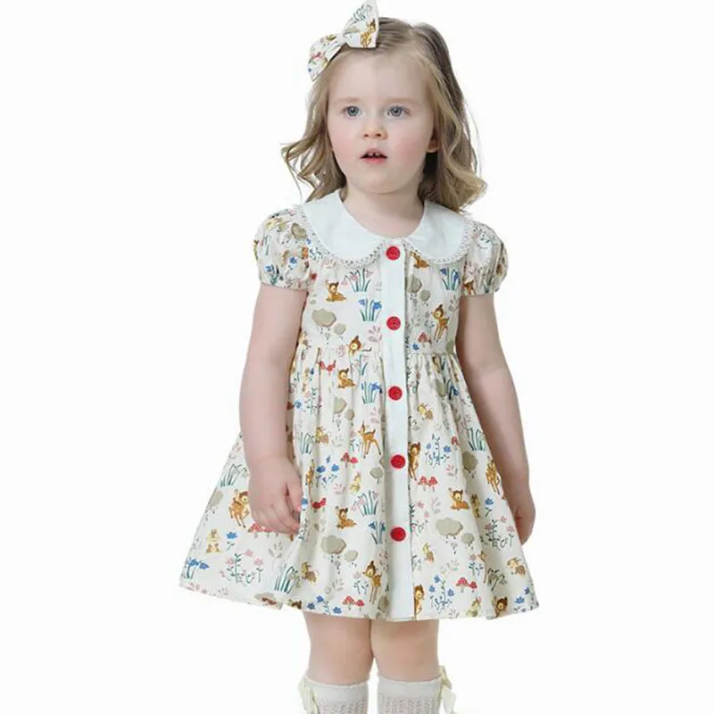 Zomer baby meisjes cartoon afdrukken korte mouw jurken kinderen kinderen meisje prinses kleding bloemen 210429