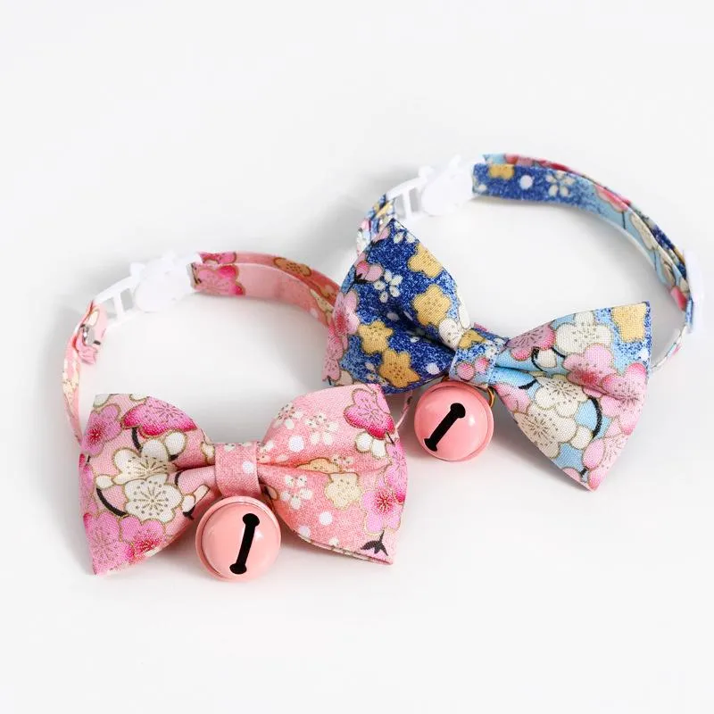Cat Collars & Leads Pet Collar Accessories Cute Small Bell Bow Adjustable Puppy Dog Supplies Japanese Cherry Blossom