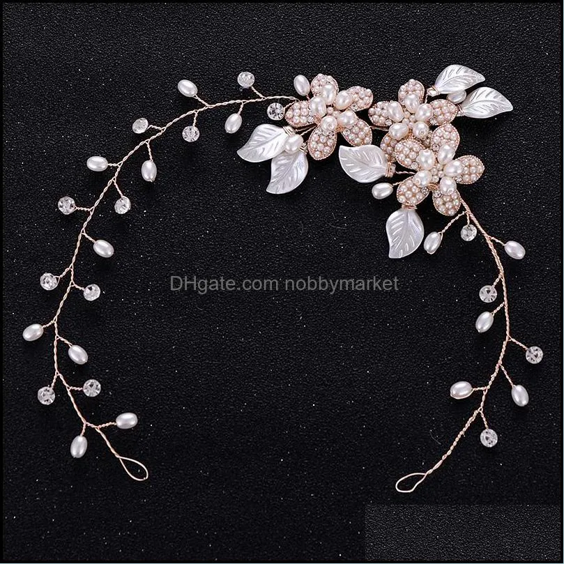 Trendy Gold Flower Pearl Wedding Headband Hair Vine tiara Bridal Headpiece Hair Accessories Handmade Bride Women Hair Jewelry