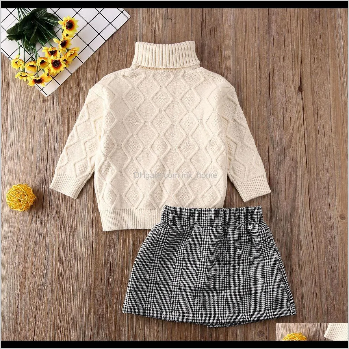 2021 newest hot 2pcs toddler baby girl autumn winter clothes set turtleneck knitted sweater tops+plaid pencil skirt 2pcs outfit 201023