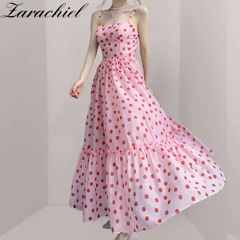 Sommer süße rosa Polka Dot Urlaub Strand lange Frauen Spaghetti Strap rückenfrei elegante trägerlose Chiffon Maxikleid 210416