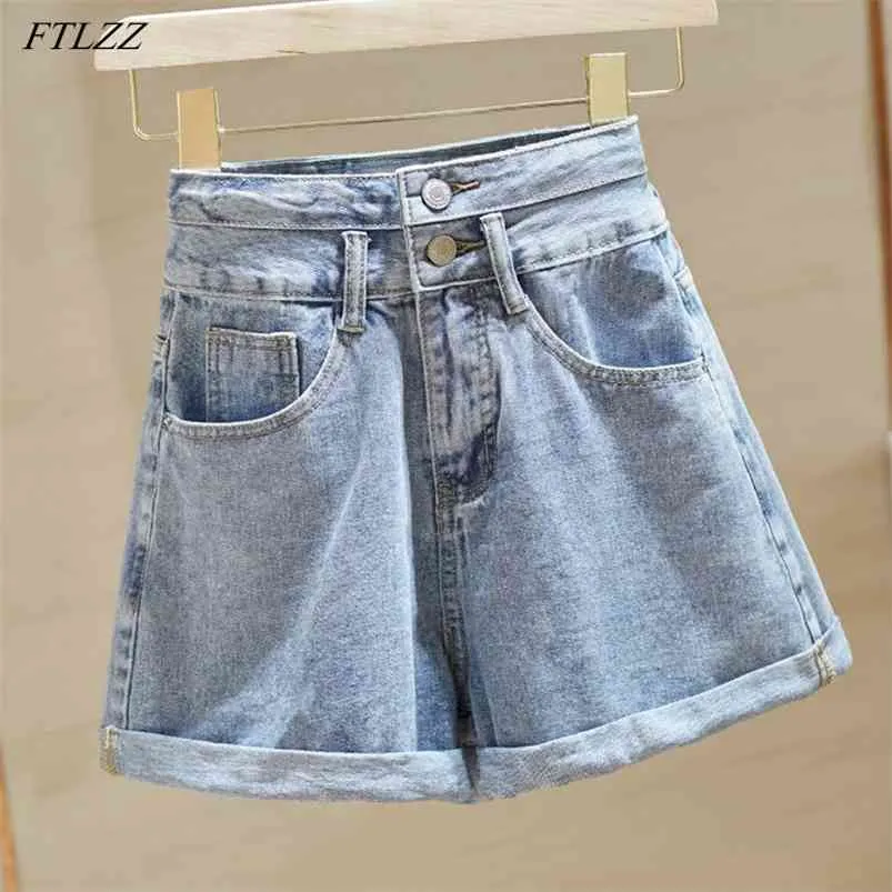 Spring Summer Women Light Blue Solid Mini Denim Shorts Streetwear Female Retro A-line High Waist Loose Ladies 210430