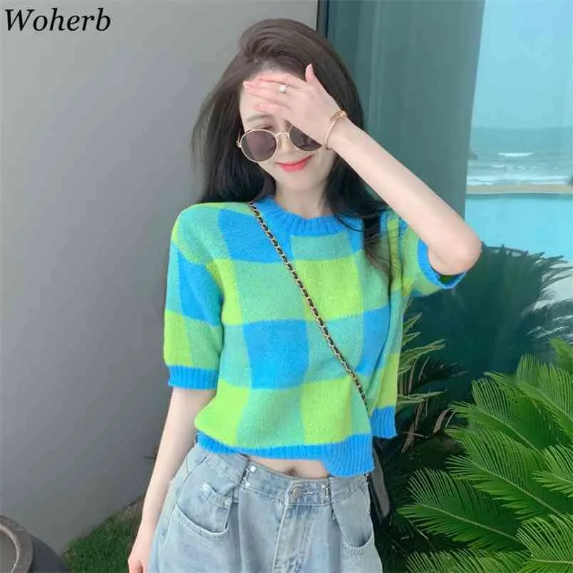 Contraste Couleur Plaid T-shirt Femmes D'été Mince Tricoté Tops Mode Coréenne Crop Top Tricots Chic Streetwear 210519