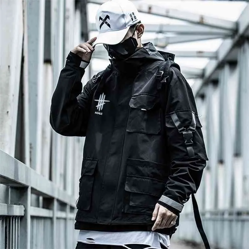 11 BYBB's Dark Dark Reflectle Cargo Kurtki Płaszcz Mężczyźni Streetwear Tactical Funkcja Pullover Multi-Pocket Hoody Windbreaker Coats 210811