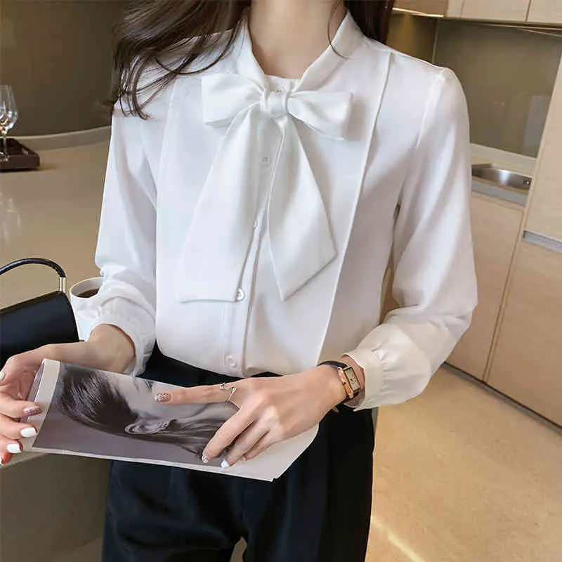 Koreanska kvinnor blus chfon blusar skjortor kvinna långärmad vit slips damer skjorta toppar plus storlek 210427