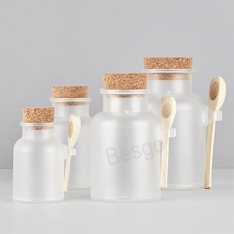 Scrub Bath Salt Bottle Plastic Mask Powder Bottles With Wood Spoon Cosmetic Subpackage Bottles Wooden Cover Home Storage Jar BH6203 TYJ