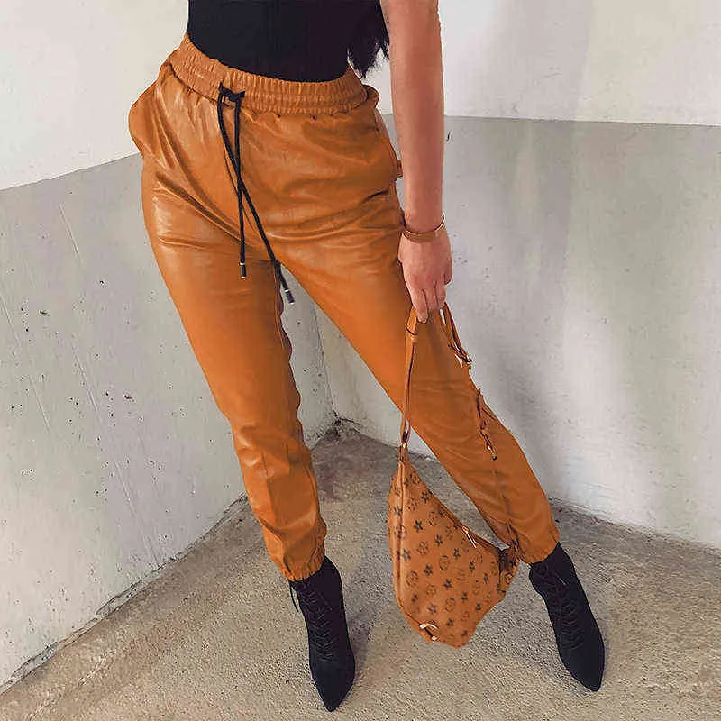 Femmes Faux Cuir Taille Haute Pantalon Jogging Bas Dames Pantalon Décontracté Cargo Joggers Streetwear Pantalon Femme Pantalon De Survêtement Y211115