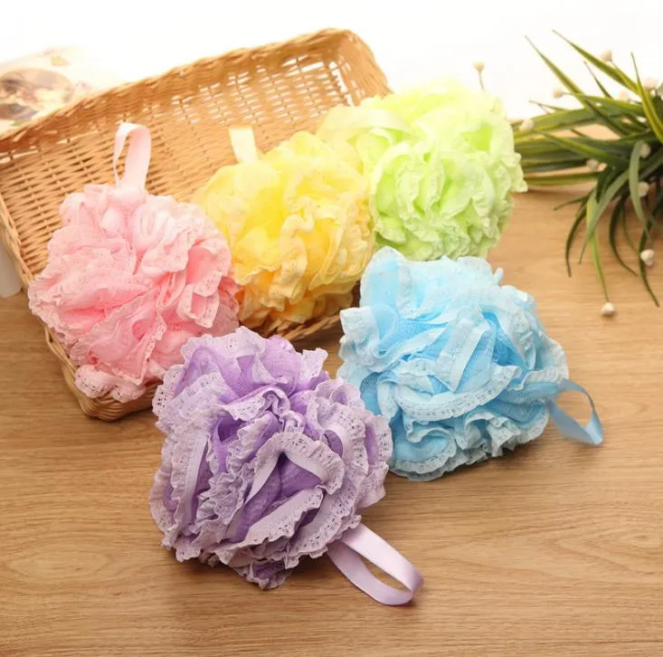 Fashion Lace Mesh Pouf Sponge Bathing Spa Handle Body Shower Scrubber Ball Colorful Bath Brushes Sponges SN4013