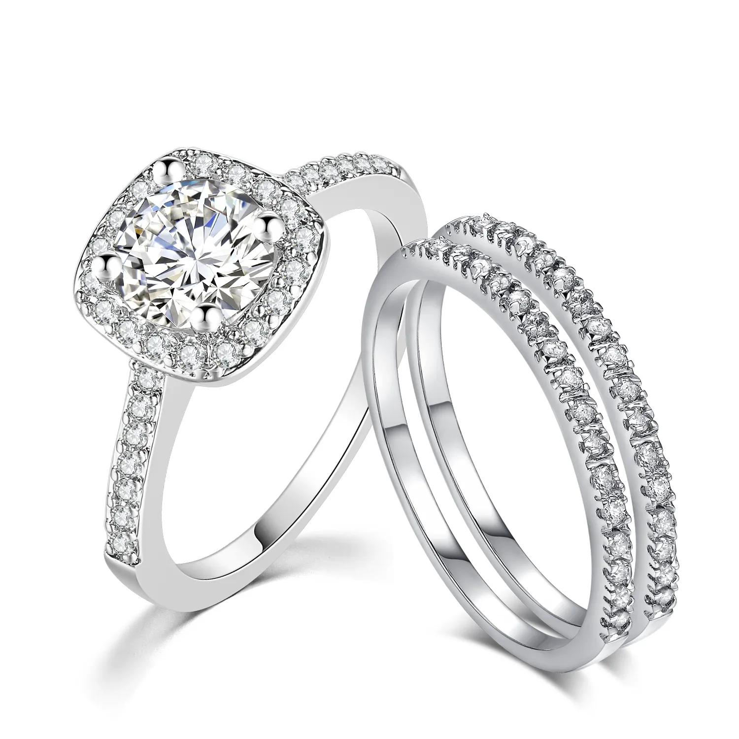 Bruiloft Verlovingsringen Set Voor Vrouwen Paar Vierkante Zilveren Kleur Kubieke Zirkoon Birde Ring Dazzling Mode-sieraden SR531-M