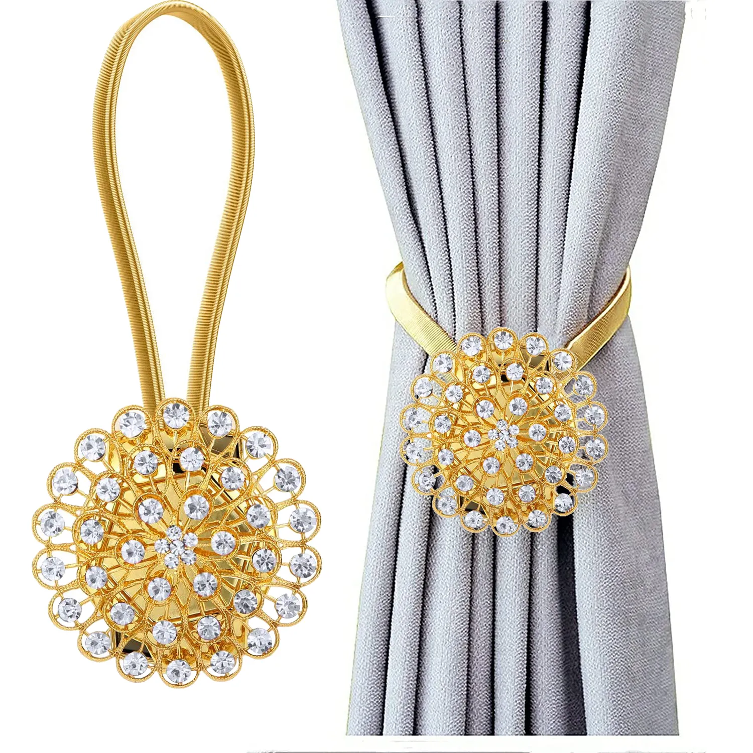 Crystal Curtain Holdbacks Blossom Diamond Clips with Stretchy Wire Rope for Home Office Decoration Magnetic Tieback