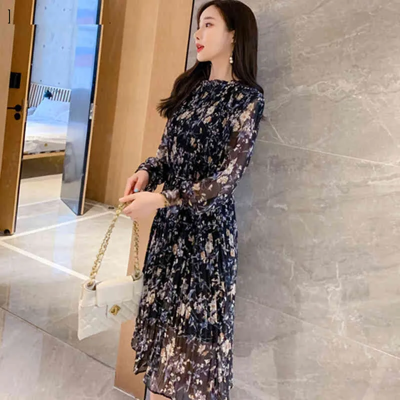 Womens Floral Printed Chiffon A Line Dress Spring O Neck
