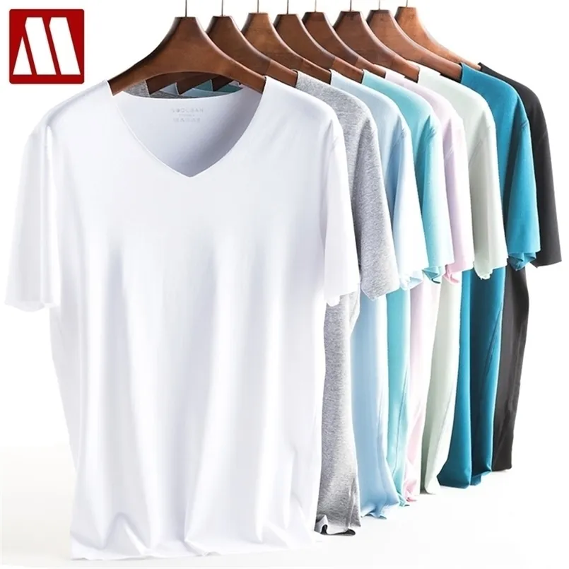 2pcs/lot Men Summer Tops & Tees Ice Silk Quick Dry Slim T-shirt Seamless Breathable Top Fashion V Neck Solid Color 210716