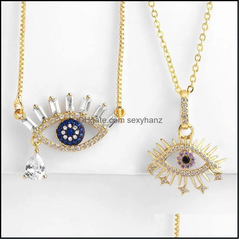 Evil Eye Necklace Gold Cubic Zirconia Rainbow Long Chain Bar Pendant Necklace Fashion Jewelry Womens Accessories nke-p31