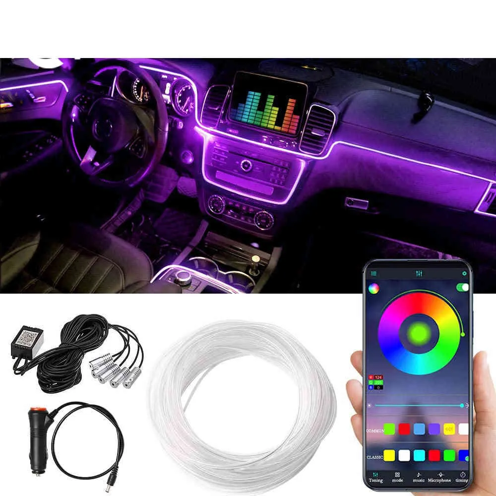 6 i 1 6M RGB LED bilinteriör Ambient ljus Fiberoptiska remsor ljus med appkontroll Auto atmosfär dekorativ lampa