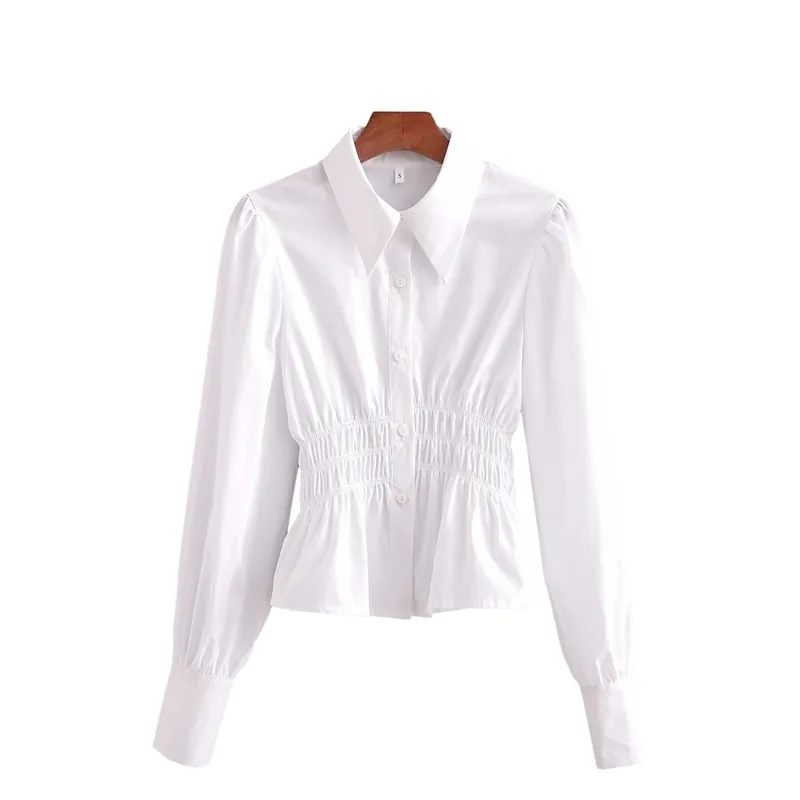 Eleganta kvinnor Slå ner Collar Shirts Fashion Ladies Solid White Tops Streetwear Kvinna Chic Elastiska Midja Blusar 210430