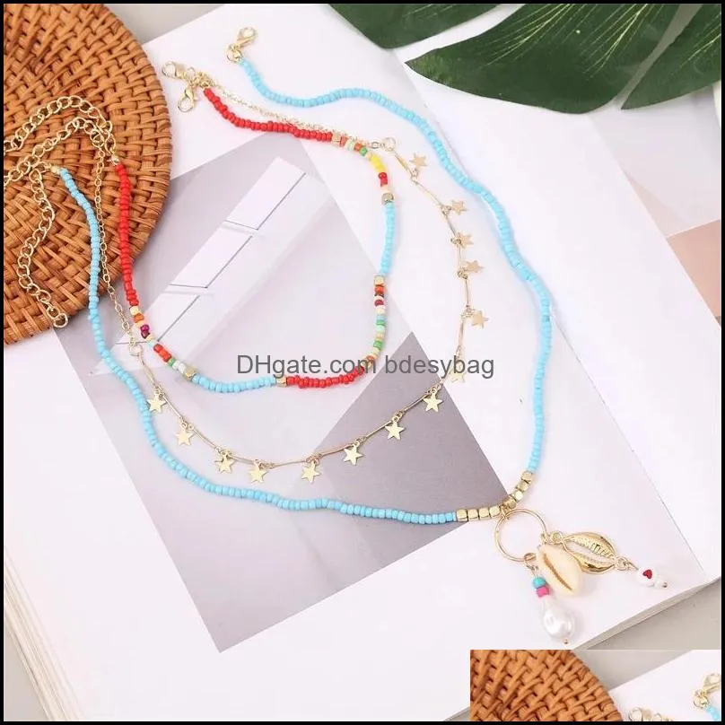 3 Pcs/Set Boho Fashion Natural Shell Star Pendant Blue Glass Beaded Long Necklaces For Women Trendy Gold Metal Chain Necklace