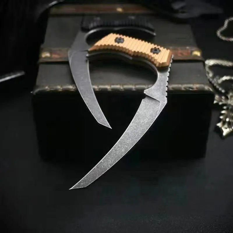 Högkvalitativ häxa Sickle Kniv D2 Black Stone Wash Blade Full Tang 6061-T6 Hantera Fixed Blades Claw Knives med KYDEX