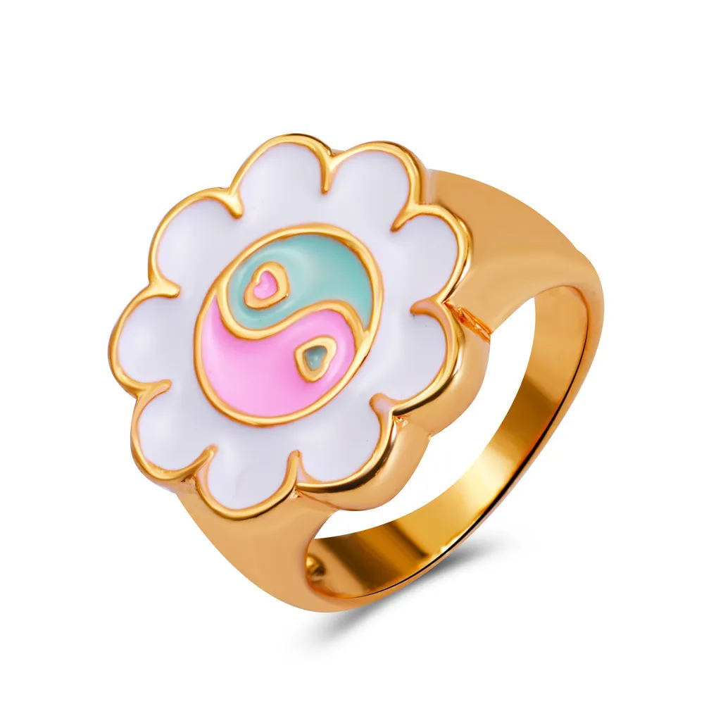 Geometry Heart Shape Flower Yin Yang Gossip Band Rings Enamel Women Gold Cute Thick Metal Tai Chi Jewelry