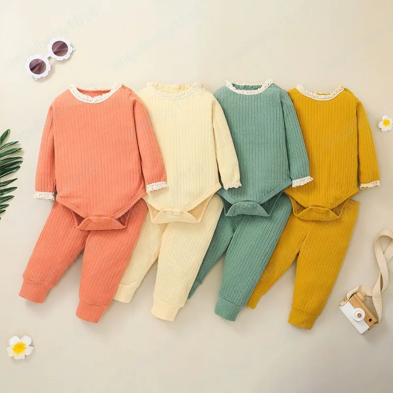 2 stück Infant Baby Casual Anzug Set Spitze Trim Oansatz Lange Hülsenspielanzug + Hosen für Kinder Kleinkind Neugeborenen Herbst kleidung Set