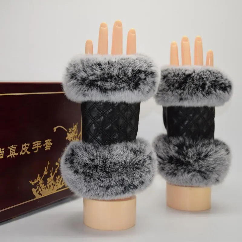 Factory Direct Sales Dames Winter Warm Half-Vingerloze Fluffy Rex Bont Mond Schapenvacht Touch Screen Handschoenen Vijf vingers