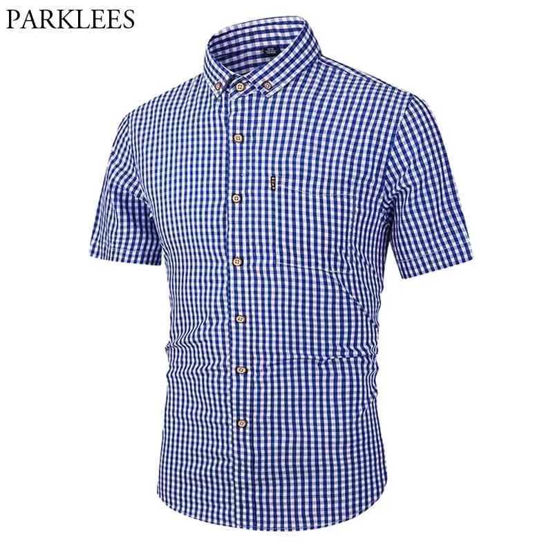 Small Plaid Button Down Shirt Men Summer Short Sleeve Slim Fit Mens Dress Shirts Casual Checks Gingham Chemise Homme 210522