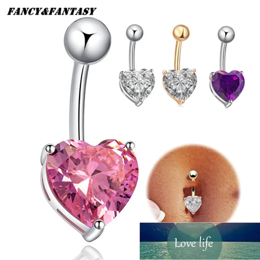 Mode Sexy Love Heart Belly Button Ringen Dangle Goud / Verzilverd Chirurgische Navel Piercing Body Ring Sieraden voor Vrouwen