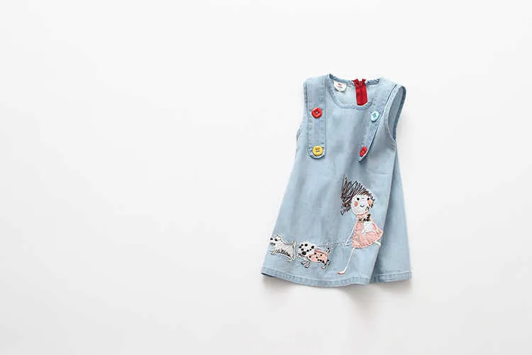  Summer New Fashion Little Girl Embroidery Cartoon Dog Tank Vest Dresses With Buttons O-Neck Baby Girls Kids Denim Dress (11)