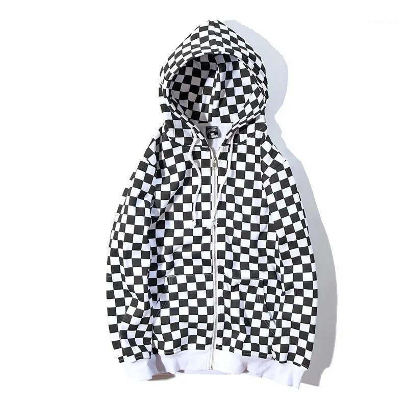 Heren Hoodies Sweatshirts 2021 KPOP Zwart Wit Schaakbord Plaid Vrouwen Zipper Hoodie Sweatshirt Harajuku Streetwear Heren Oversize Fleece