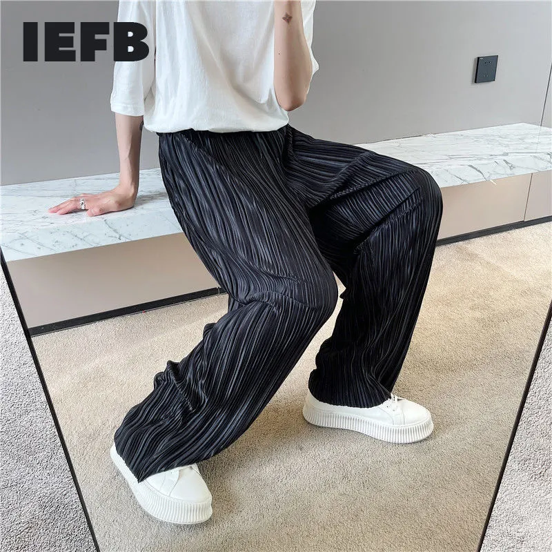 IEFB Pantaloni a pieghe neri da uomo Pantaloni estivi coreani allentati casuali a gamba larga Pantaloni a vita elastica 9Y7522 210524