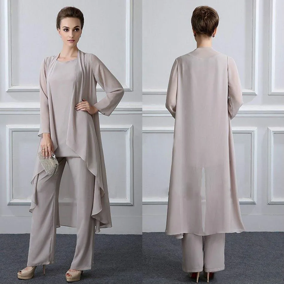 Pantaloni eleganti per la madre della sposa in chiffon primaverile, abiti da madre per lo sposo casual in 3 pezzi con cappotto, giacca e pantaloni per gli invitati al matrimonio