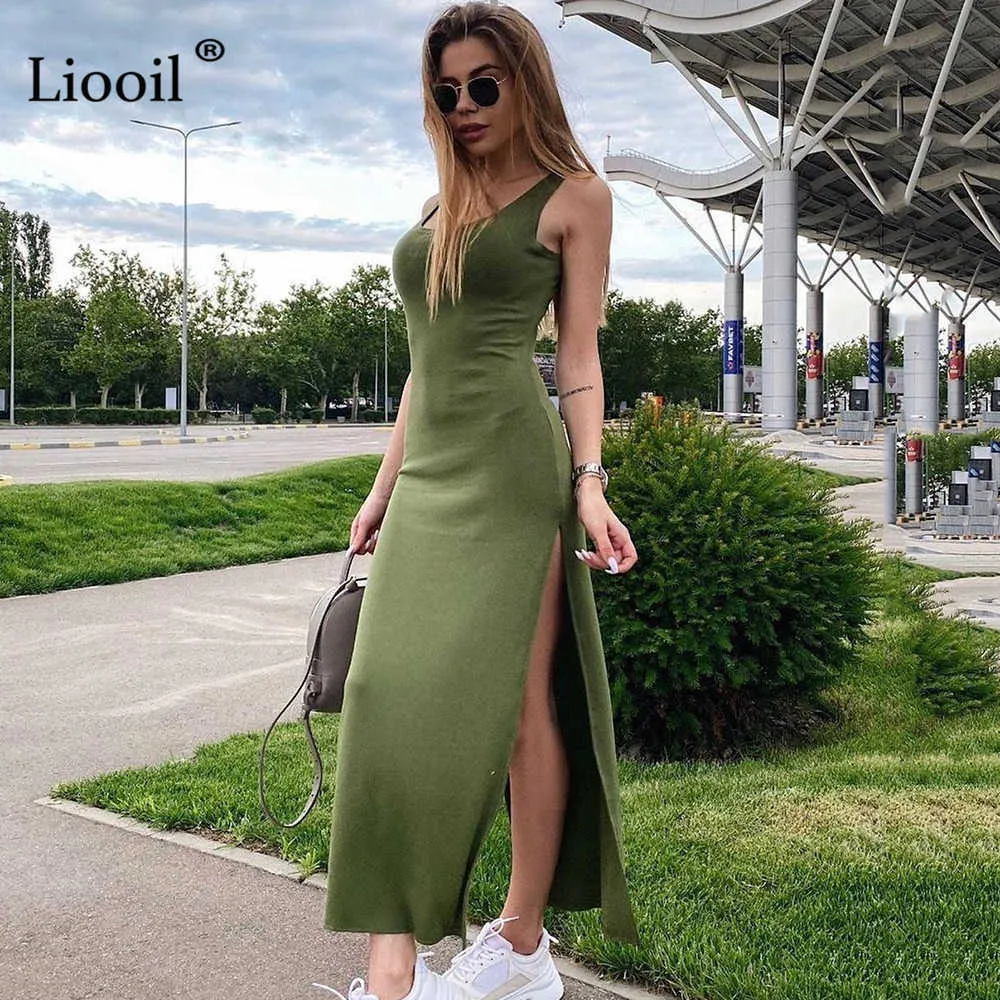 Sexy Bodycon Slit MIDI DR2021 Streetswear Sleevel95% хлопок армия зеленый серый базовый вскользь женщина лето тощий танк платья x0529