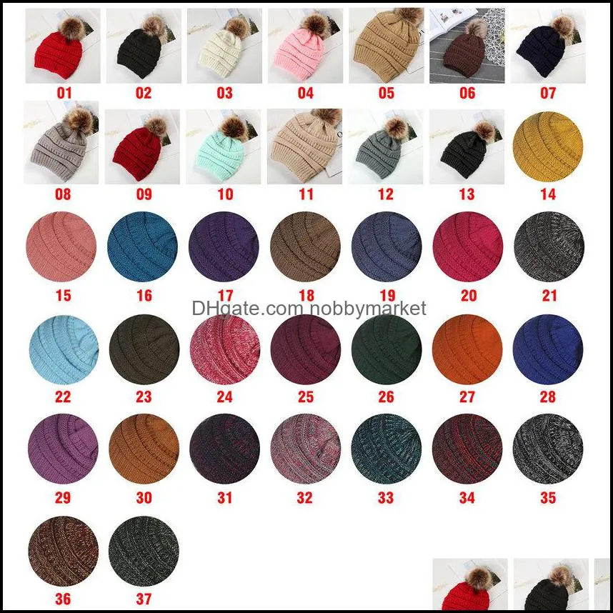 Girls Knitted Pom Poms Hat 37colors Fashion Woman Fur Ball Warm Beanies Skull Cap Men Outdoor Ski Crochet Cap LLA1021