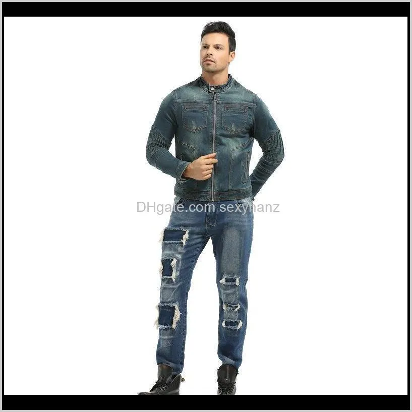 men`s motorcycle biker denim jacket stand collar zipper blue elastic slim fit man jeans coat with protection1