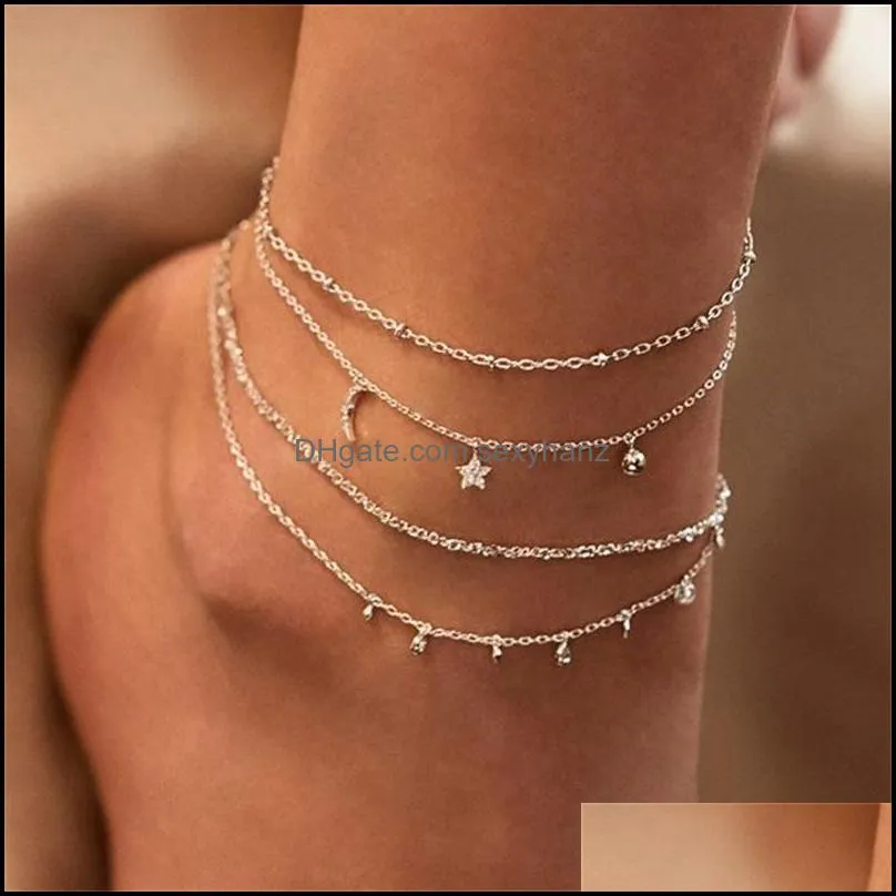 Ankjes zomer boho moon star aklet voor vrouwen gouden mtilayer kristal enkel armband voet ketting been strand aessories sieraden