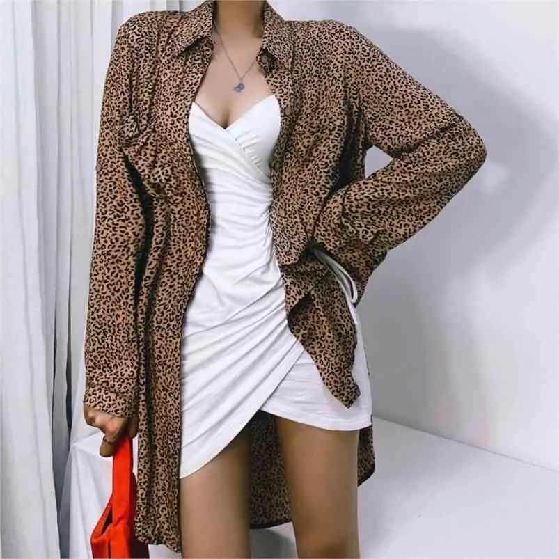 Сексуальная щель длинной блузки рубашка женщины леопардовый принт коричневой уличной одежды топы осень зимний рукав офис 210427
