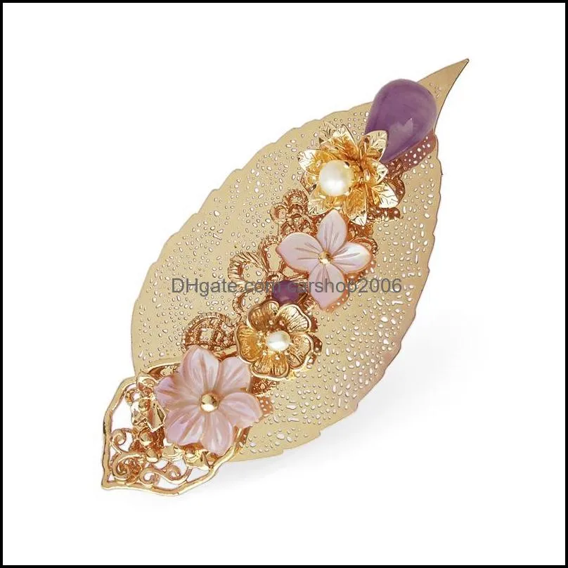 Pins, Brooches CCijiNG Natural Pearl Hairpins Jewelry For Women Big Size Light Purple Crystal Hairwear Handmade Flower Leaf Brooch
