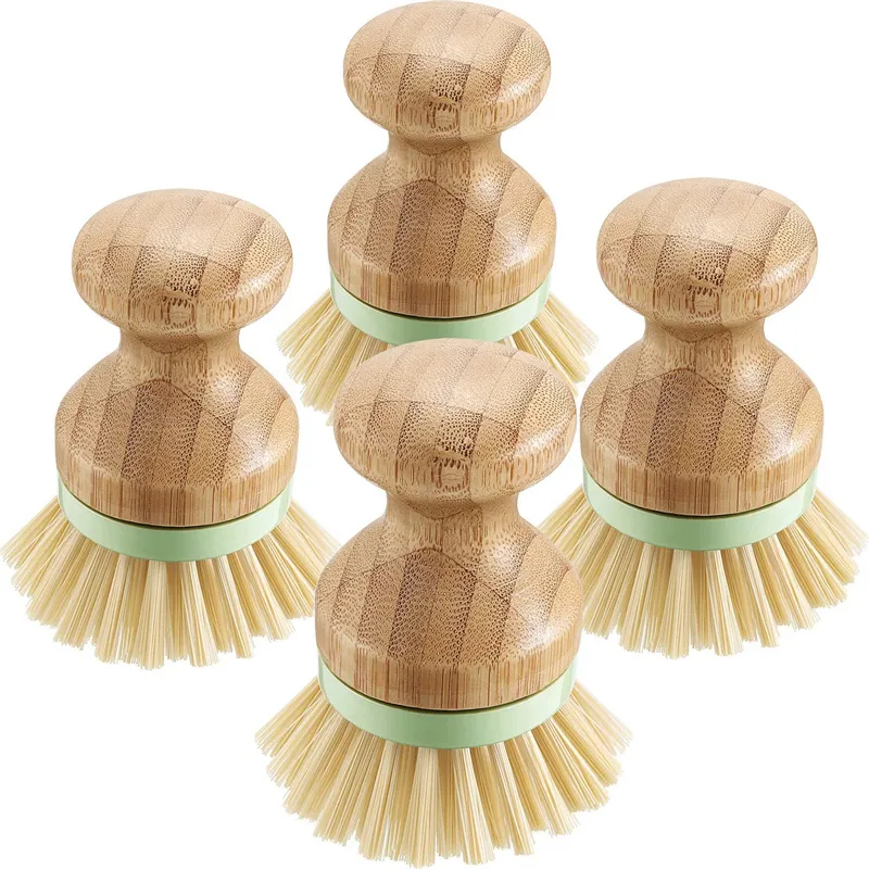 Bamboo Wood Round Mini Palm Scrub Brush Stiff Bristles Wet Cleaning Wash Dishes Pots Pans Vegetables Brushes