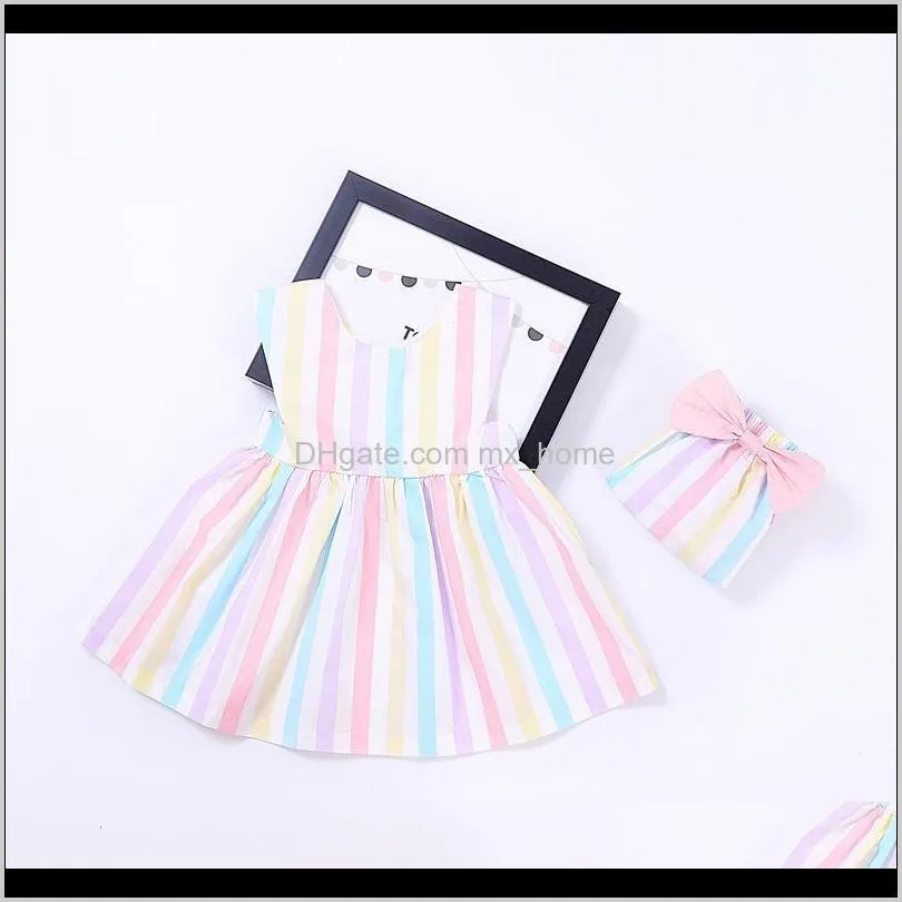 girls rainbow dress stripes sweet princess dresses sleeveless cotton pleated round neck summer baby girls skirt 9m-4t